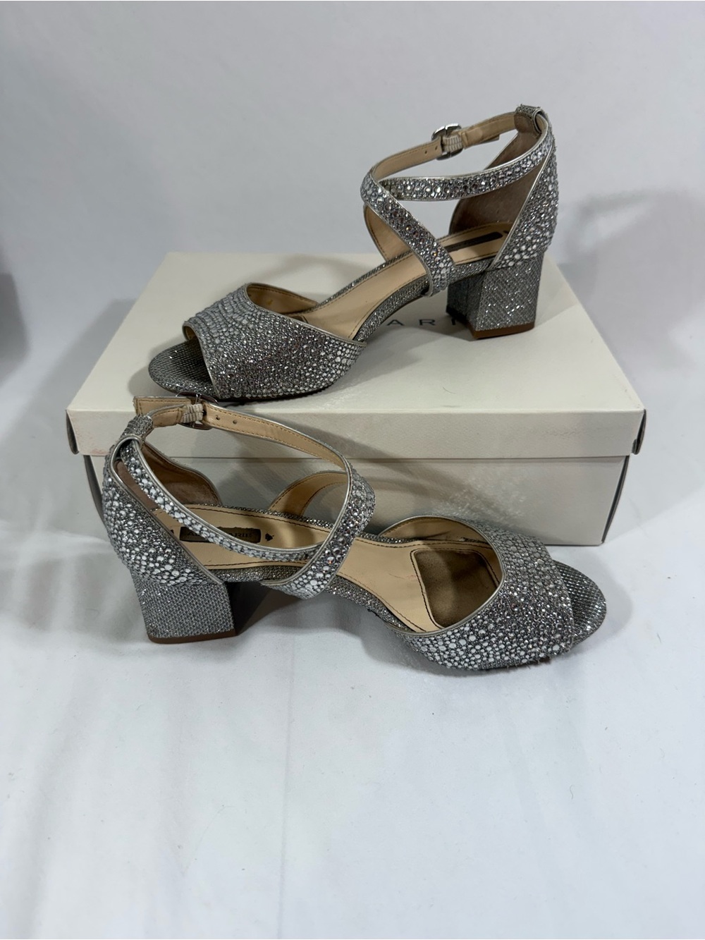 Alex Marie Silver Rhinestone Block Heel Sandals